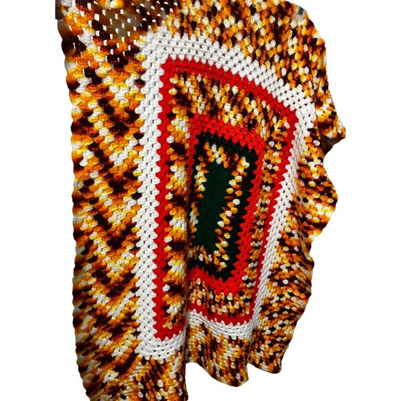 Vintage Afghan Orange Brown Yellow White Square Crochet Blanket Throw Handmade - Picture 5 of 6